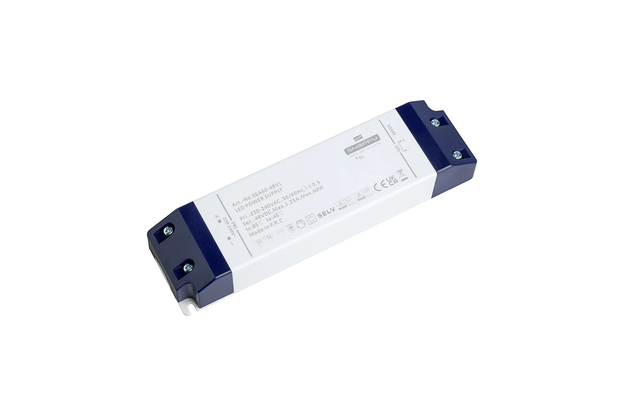 SEA60-48VL  SEA, 60W, Constant Voltage Non Dimmable PC LED Driver,48VDC, 1.25A, Pf>0.95, TC:+85°, TA:45°, IP20, Effi>85%, Screw Connection, 5yrs Warranty.